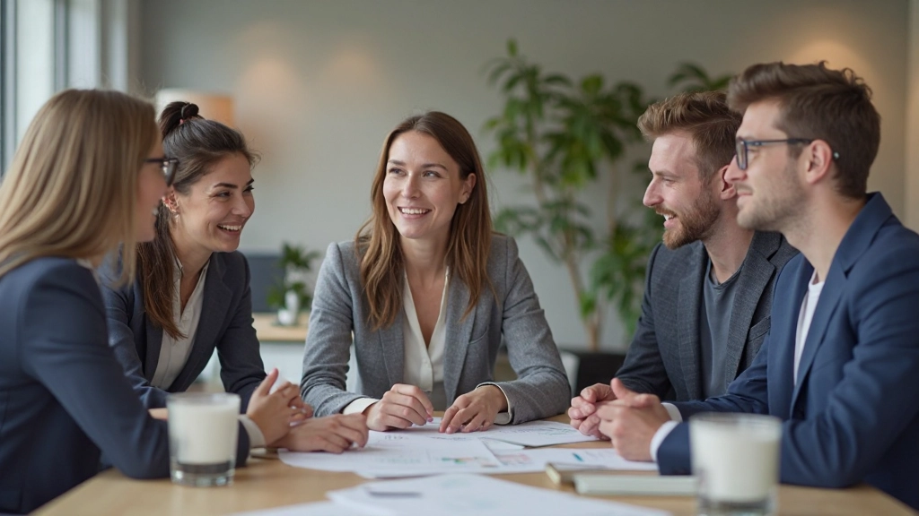 Diverse teamleden werken samen aan project rond tafel, enthousiast en samenwerkend