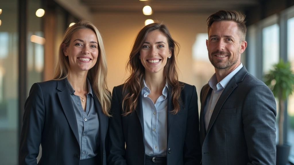 Team van diverse professionals staat samen in modern kantoor, collaborative sfeer, warm licht