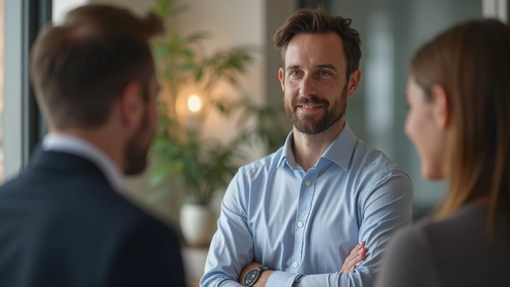 Mannelijke manager voert één-op-één gesprek met teamlid in vertrouwde kantooromgeving, beide ontspannen en open lichaamstaal