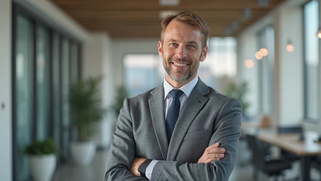 Man in grijs pak met gekruiste armen staat in helder kantoor, zelfverzekerd en professioneel