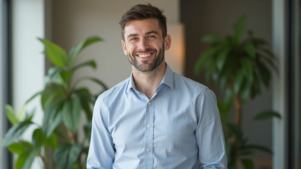 Vriendelijke professionele man toont vertrouwen en openheid in zijn houding en uitdrukking