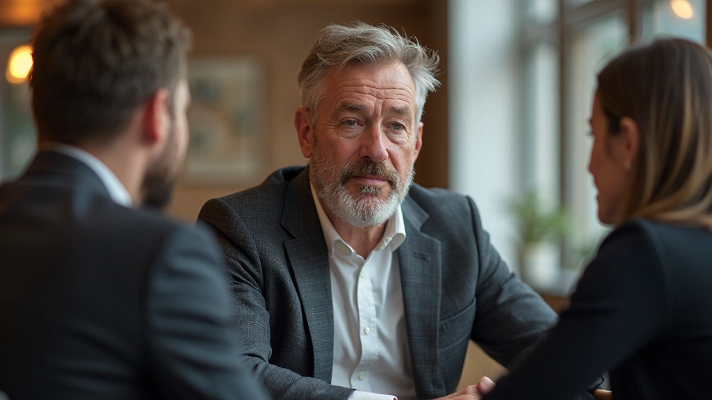 Man luistert aandachtig naar collega in cafÃ©-achtige werkplek, open houding, empathie en focus