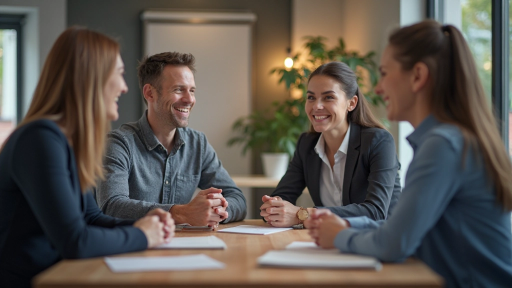 Diverse team zit samen rond tafel in vriendschappelijke discussie, toont samenwerking en open communicatie in kantooromgeving