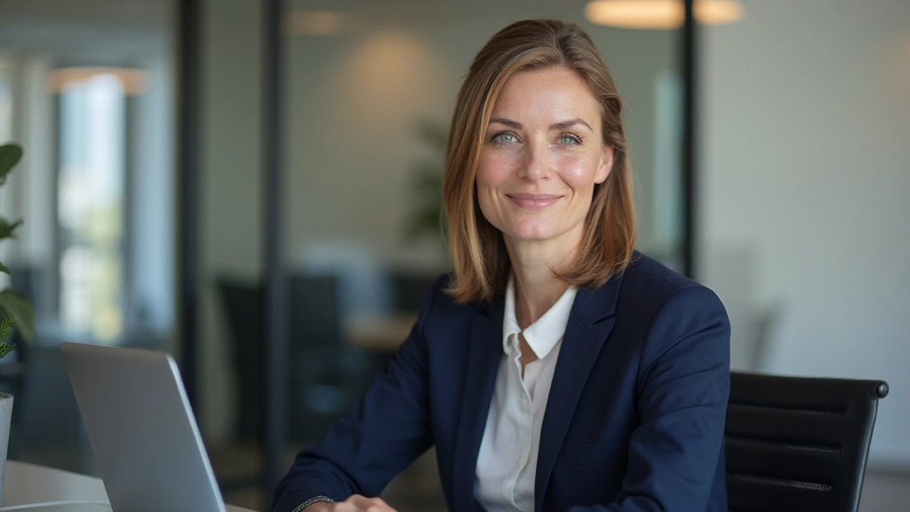 Professionele vrouw met donkerblauwe blazer zit aan bureau in modern kantoor, zelfverzekerd, natuurlijk licht