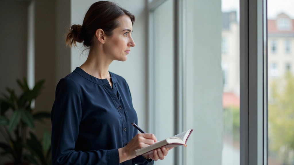 Vrouwelijke leider noteert inzichten in notitieboek tijdens reflectie moment bij raam in modern kantoor