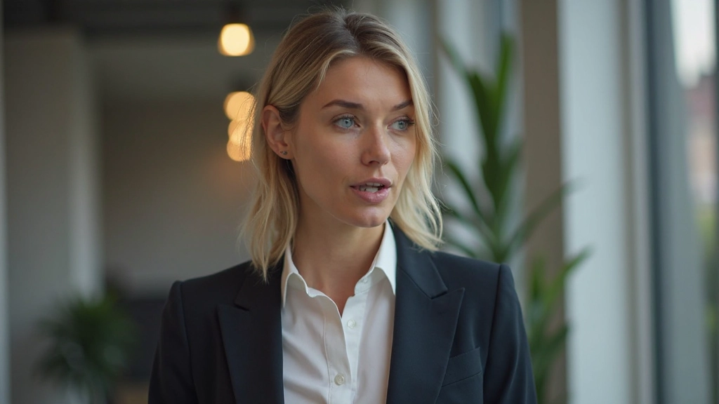 Zelfverzekerde vrouw in professioneel pak spreekt met open lichaamstaal, toont effectieve communicatie