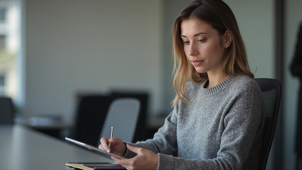 Professionele vrouw met grijze trui zit in moderne vergaderruimte, notities makend op tablet