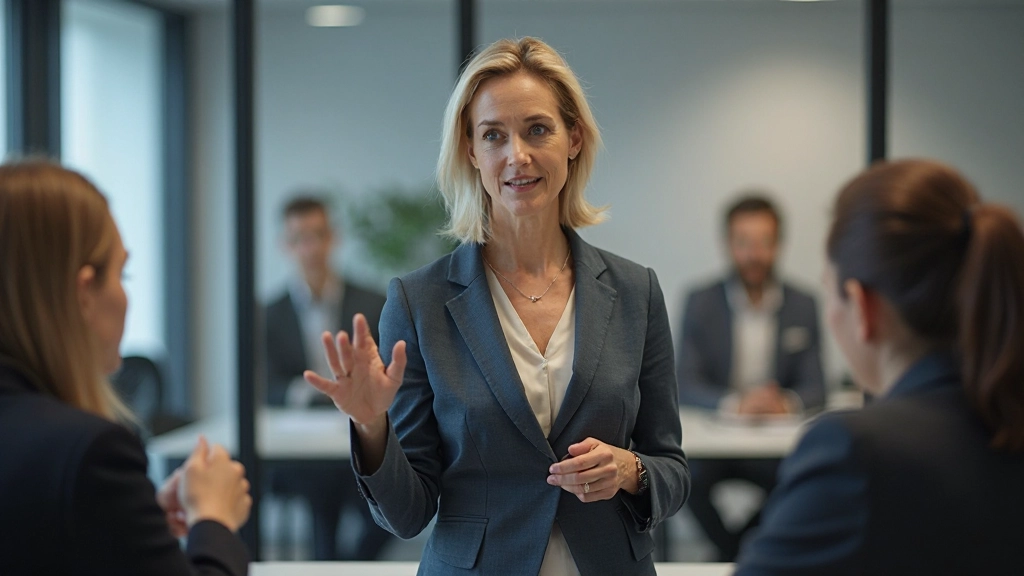 Professionele vrouw geeft presentatie aan team in vergaderruimte, gestures en oogcontact, helderheid en betrokkenheid