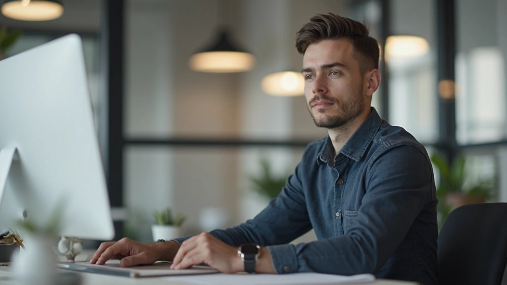 Jongeman werkt gefocust aan computer in open kantooromgeving, zelfstandig en betrokken, verlichting op werkplek